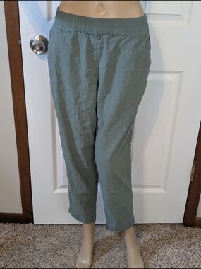 Lands' End Linen Blend Mid Rise Slim Leg Green Elastic-Waist Chinos-8